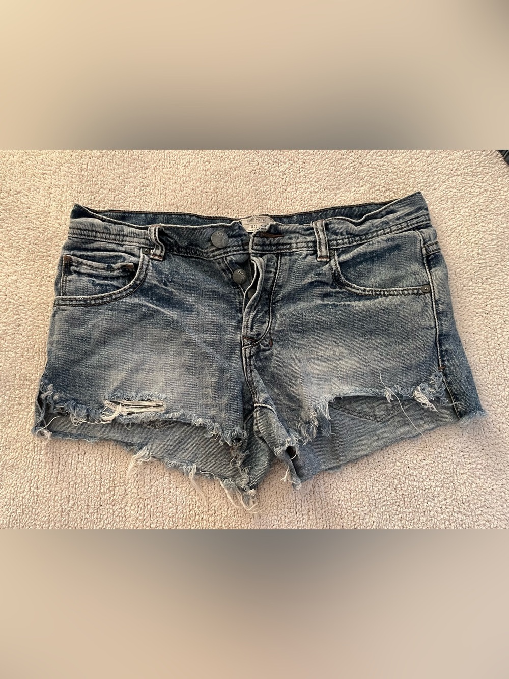 Free People Distressed Medium Blue Denim Cutoff Shorts